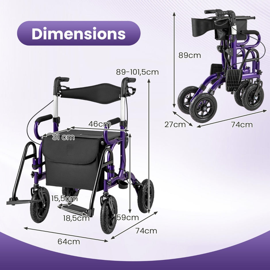 Rollator – För Äldre Med Sittplats I Fällbar och Rullstol Kombination Dämpade Däck – 2 1 23 Cm – Lila