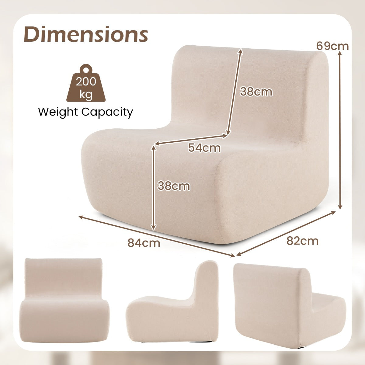 Golvfåtölj – med Ryggstöd och Mjuk Sammet Ergonomisk Golvstol – Beige