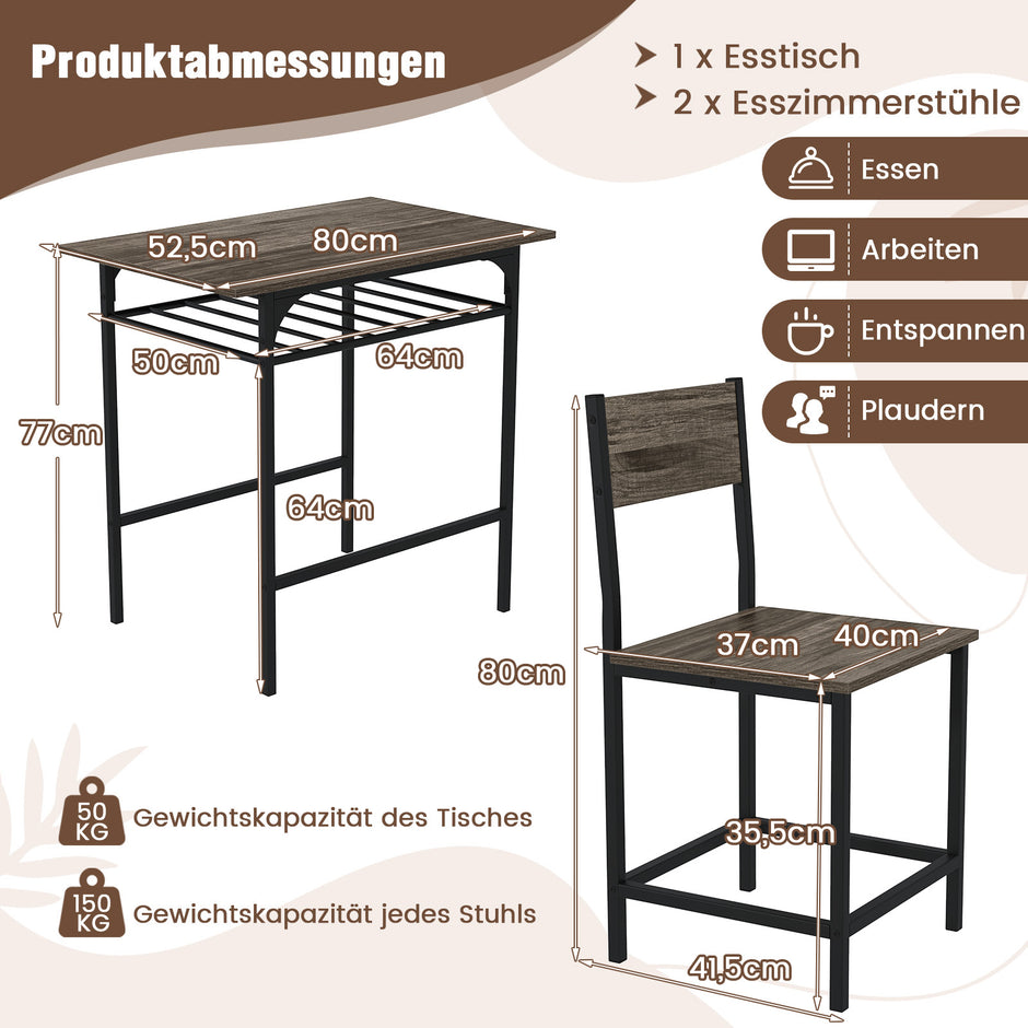 Matgrupp – för delad rektangulär bord och stolset i trä med metallram – 2 3 – Grå