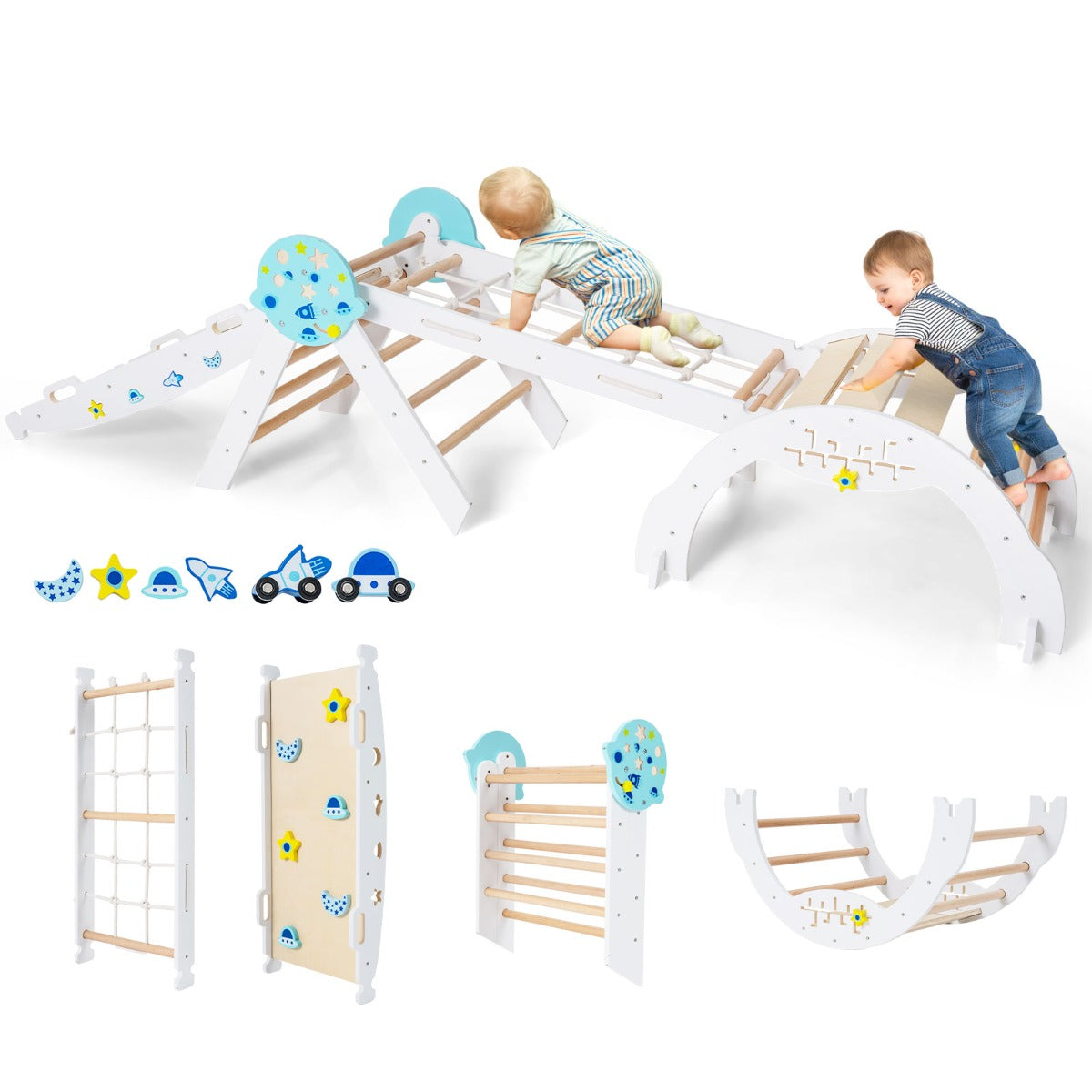 I – Montessori Klettergerüst Set Med Kletterbåge och Kletterseil Leiter Trä Klettertriangel – 9 1 – Vit