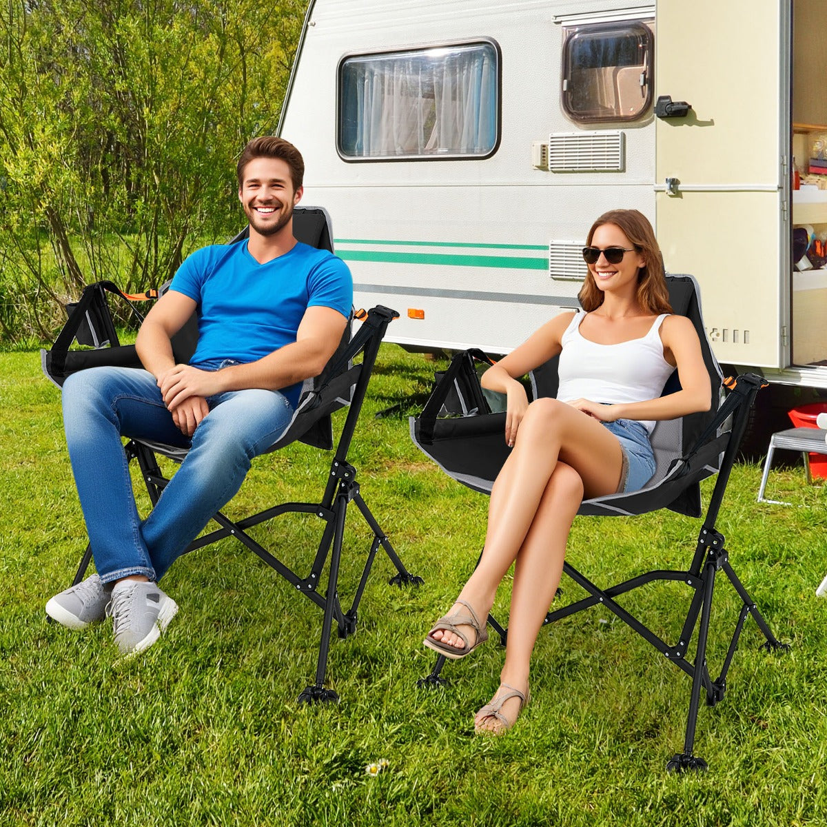 Fällbar – campingstol med justerbart ryggstöd och dryckeshållare – Svart
