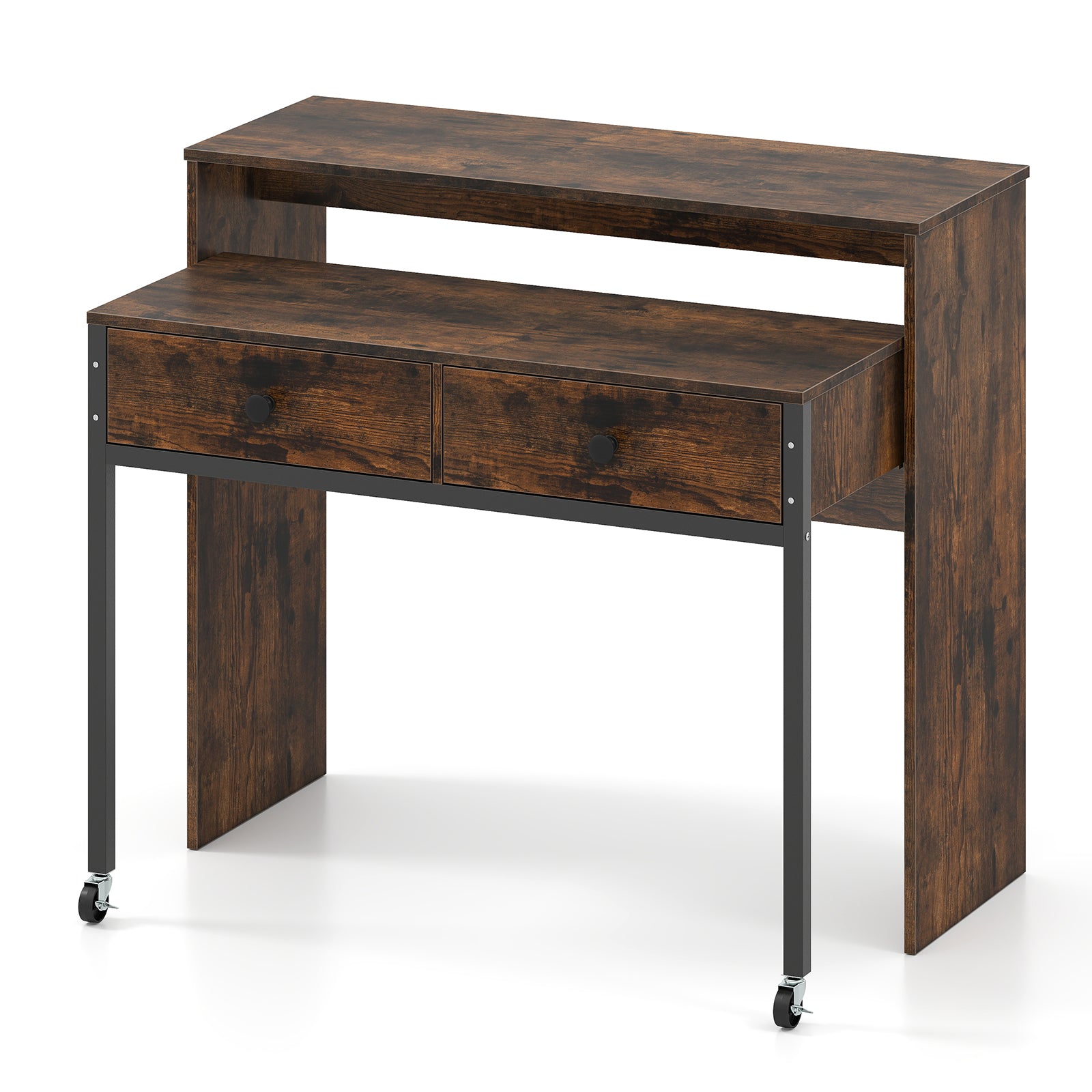 Utdragbart – skrivbord, mindre datortabell med lådor och hjul – 2 100 x 63 x 88 cm – Brun
