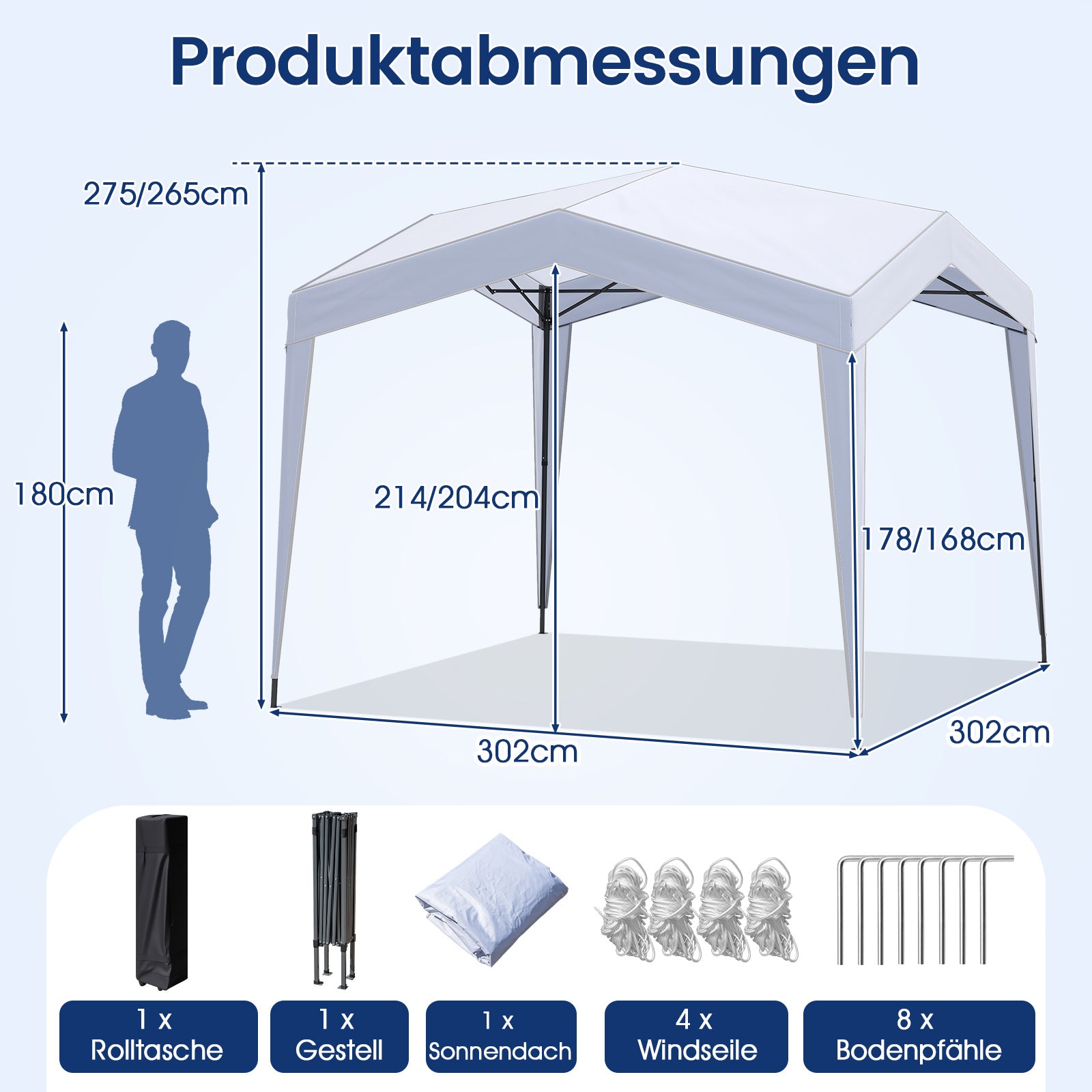 Paviljong – med rullväska tältpinnar och vindlinor Vattentät Stabil Vinterbeständig (utan myggnät) – 3 x 3 m 8 4 – Vit