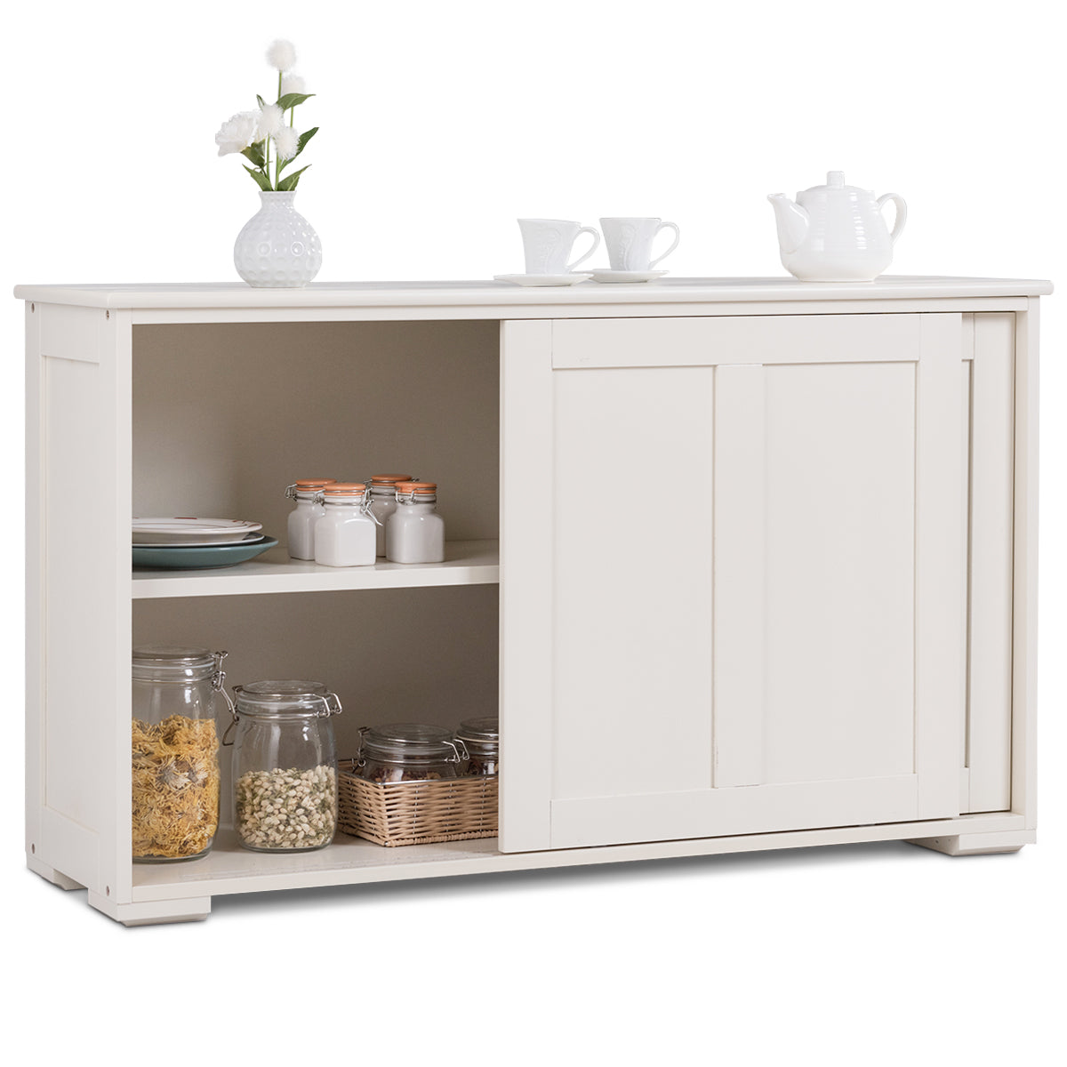 Skänk – Köksskåp Sidoskåp med skjutdörrar Vit/Brun – 106,5 x 33 x 60 cm – Beige