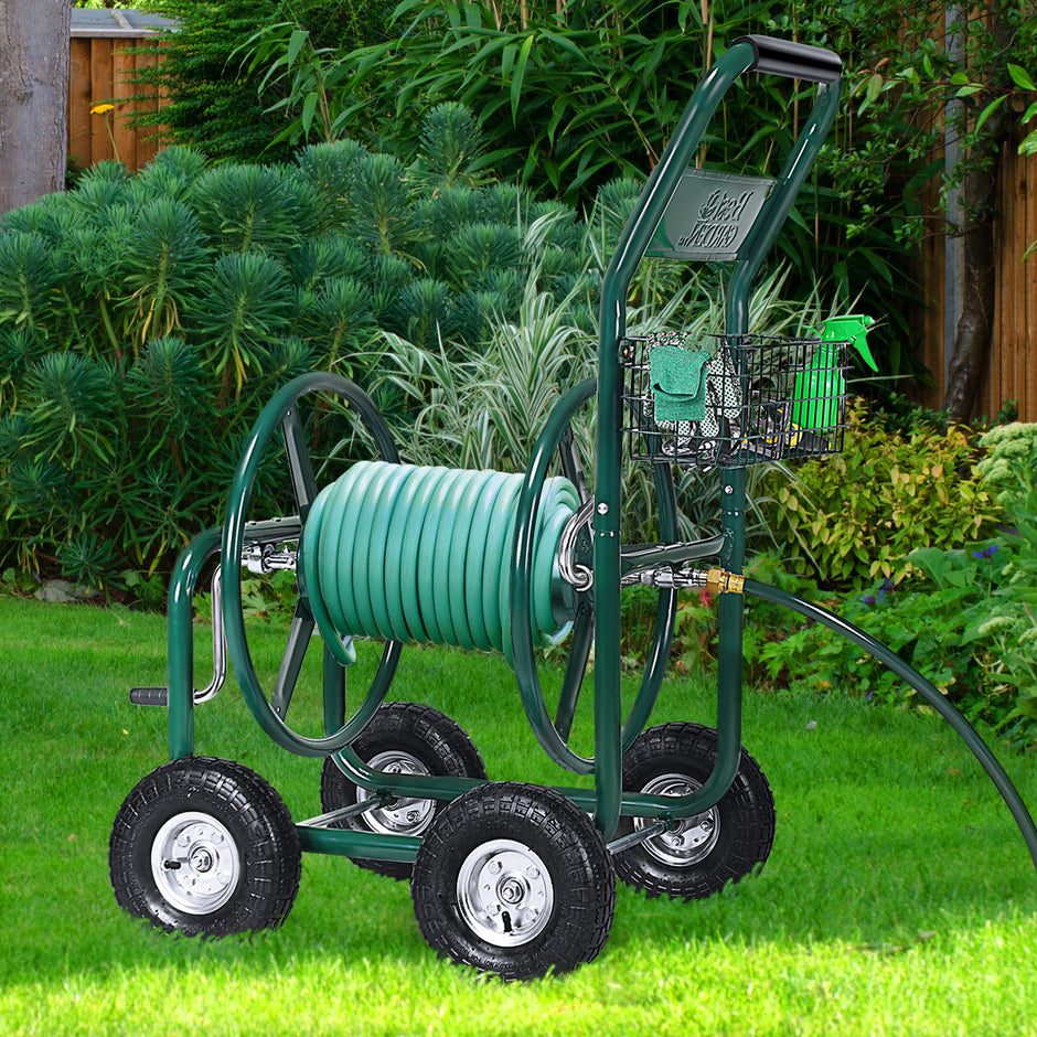 Trädgårdsslangvagn – Slangupprullare med korg metall – 96 x 62 x 113 cm – Grön