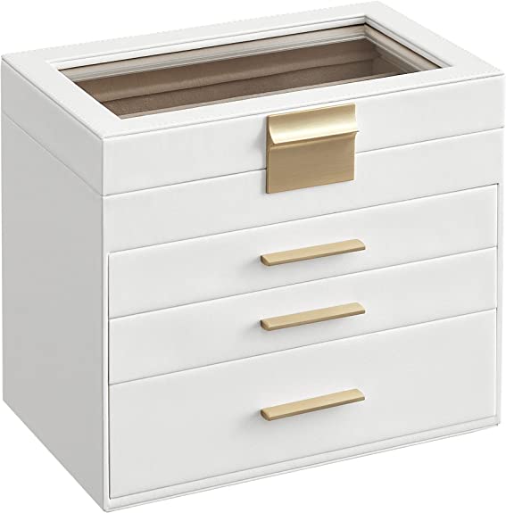 Schmuckschachtel - Schmuckschachtel - mit 4 Levels - mit Glasdeckel - 3 Schubladen - Weiß