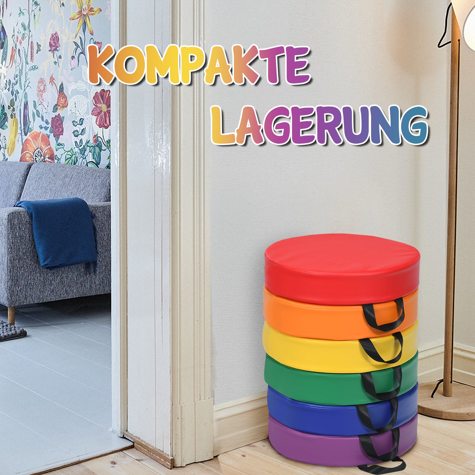 Set – med st runda stolsdynor för barn, golvkuddar, sittdynor – 6 – Färgglad
