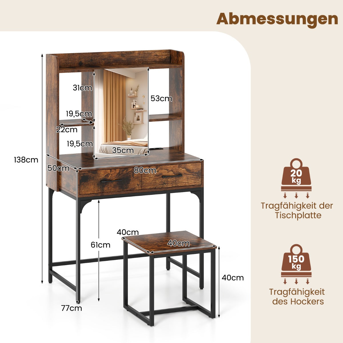 Sminkbord – set med spegel laddstation Lådor öppna hyllor – Rustik brun