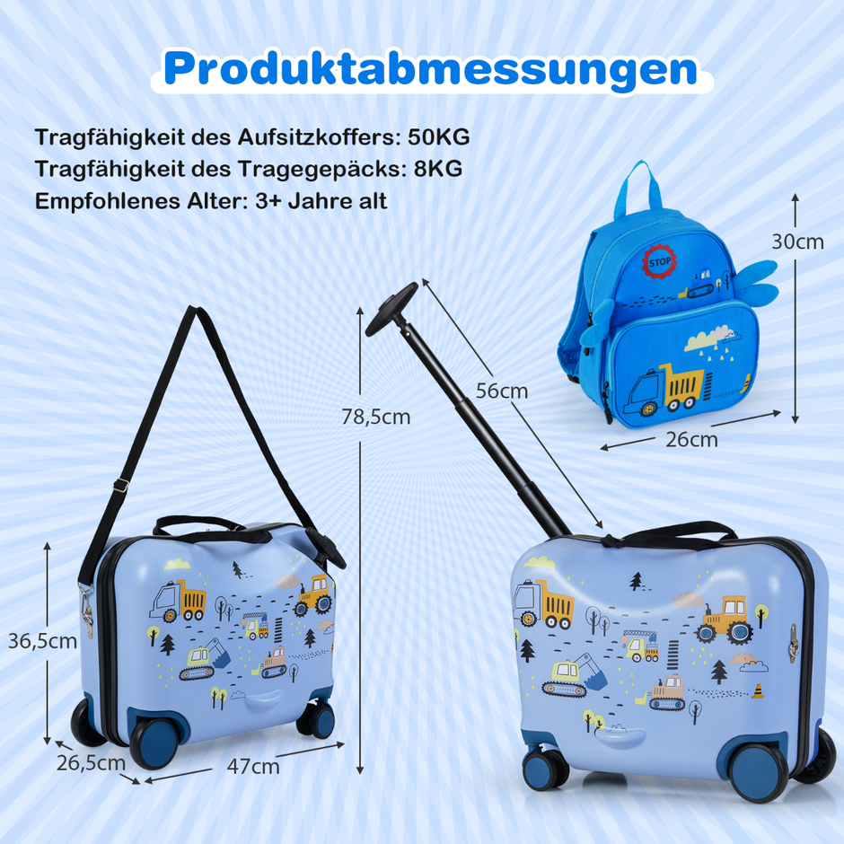 delad – barnväska + ryggsäck lång sittväska och bred grävmaskin – 2 47 cm 30 cm – Ljusblå