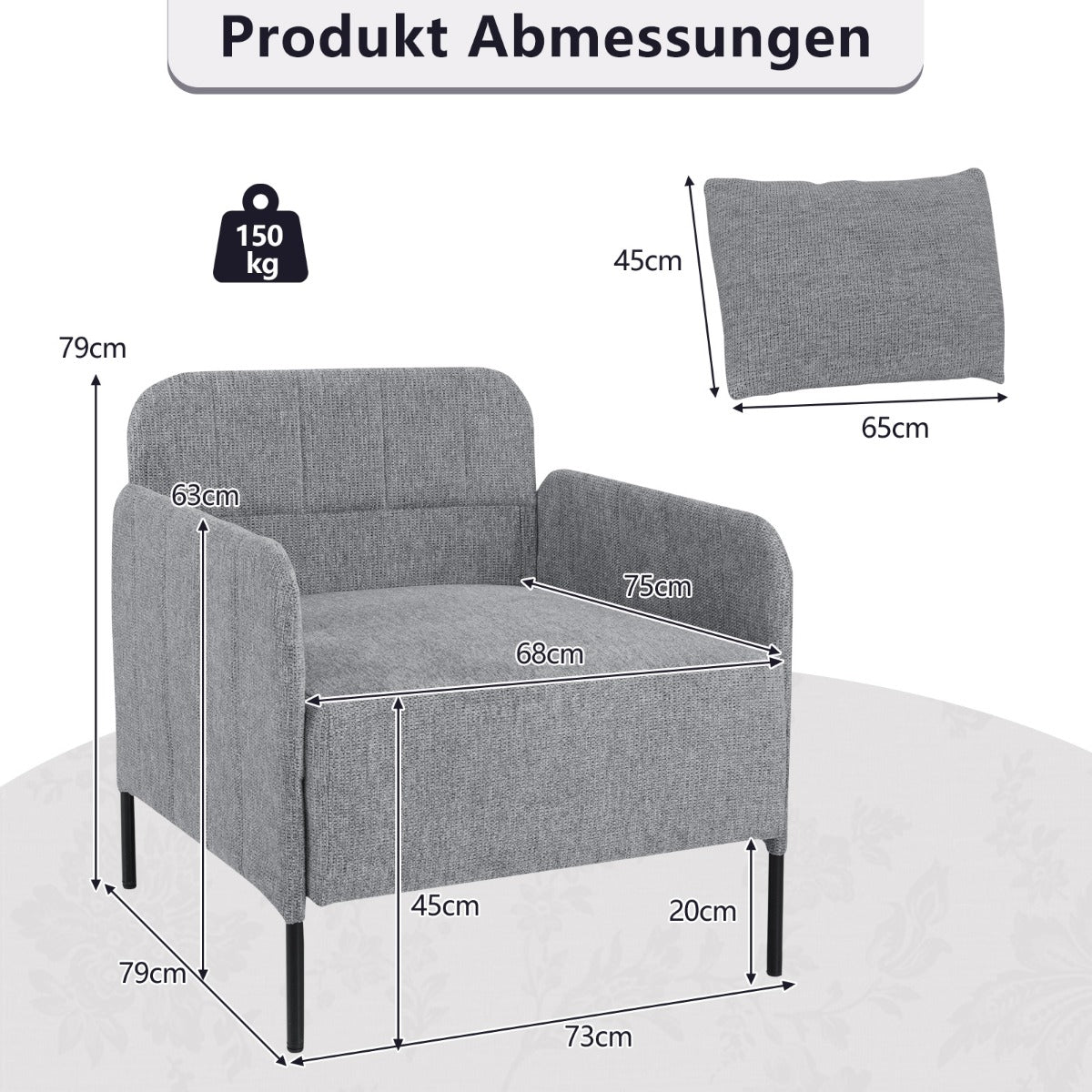 Soffa – vardagsrum med kuddar loungestol justerbara fotstöd – 73 x 79 x 79 cm – Grå