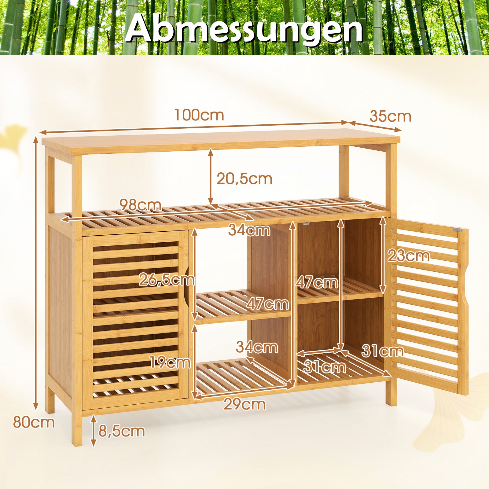 Badrumsskåp – i bambu dörrars organisatör med öppna hyllor fristående förvaringsskåp – 2 – Natur