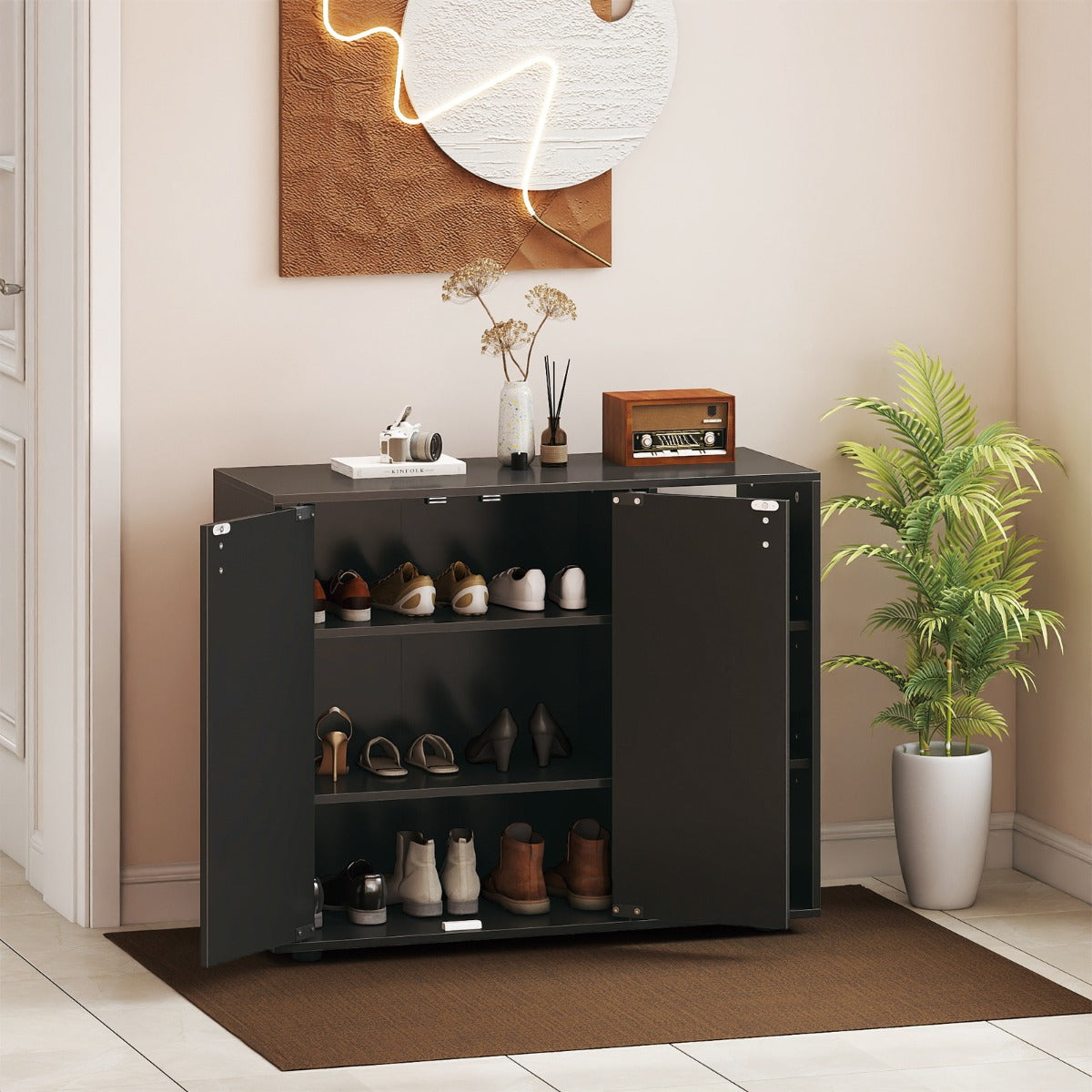 Skoark – Med Dörrar och Justerbara Öppna Hyllor Skohyll – 2 – Svart