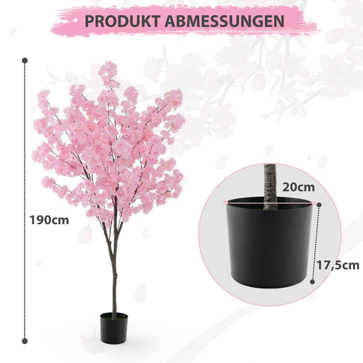 Konstgjord – körsbärsblomma Konstväxt med blommor Konstträd i kruka – 190 cm – Rosa