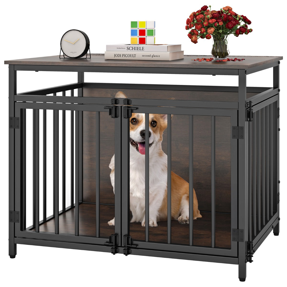 Hundbur – Möbel med dörr Trä Hundlåda Hundgallerbur Sidobord – 3 80 x 60 x 64 cm – Rustik brun