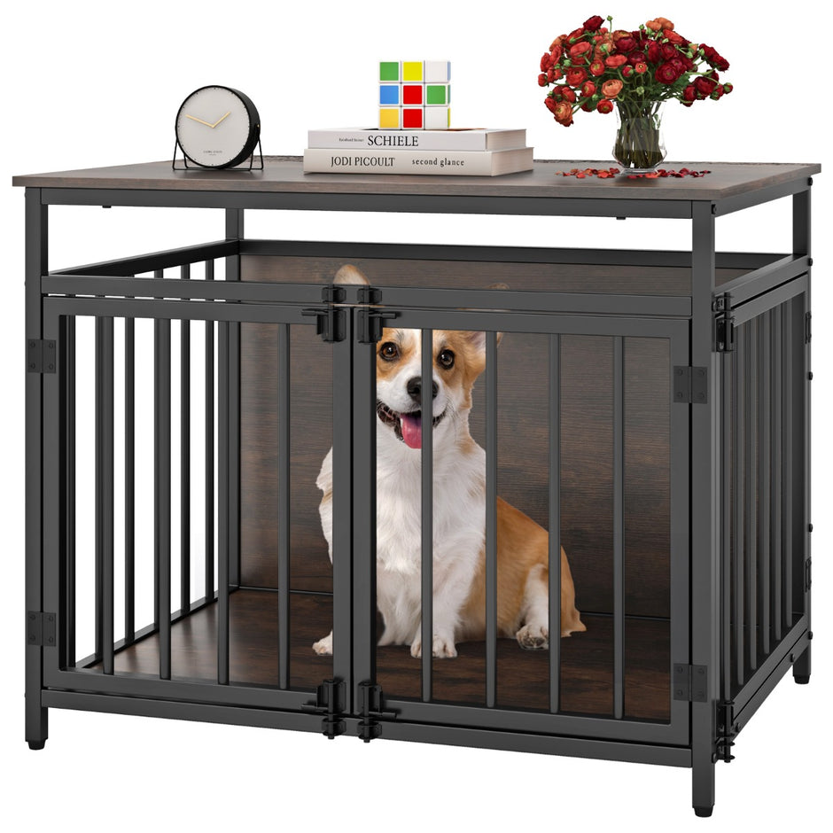 Hundbur – Möbel med dörr Trä Hundlåda Hundgallerbur Sidobord – 3 80 x 60 x 64 cm – Rustik brun