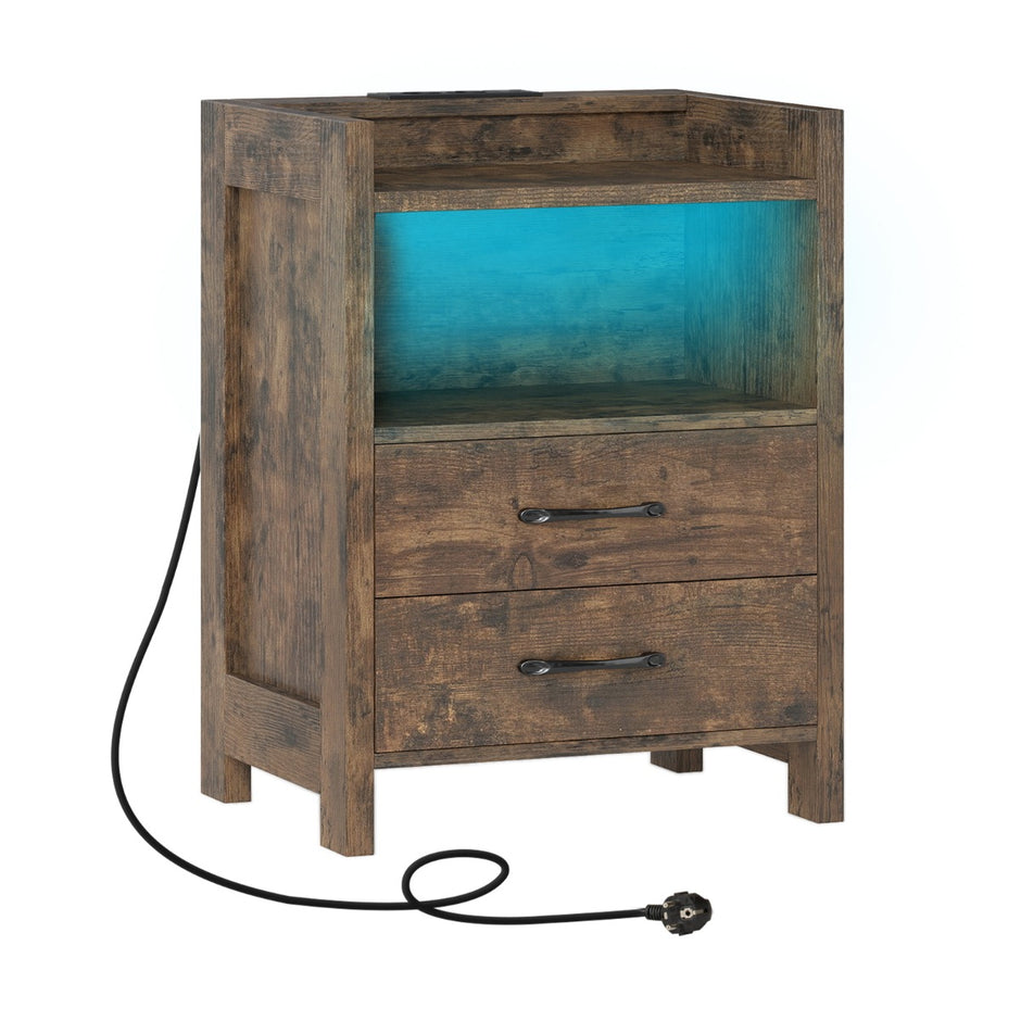 Nattduksbord – med LED belysning och laddningsstation lådor öppet förvaringsfack Sidobord Rustikt Brunt – 2 45 x 35 x 60 cm – Rustik brun