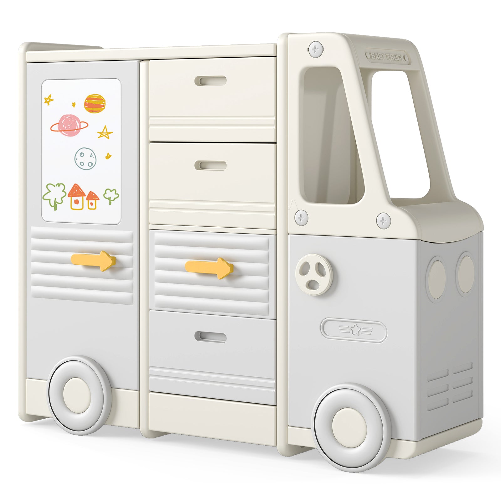 Leksakshylla – Bil Barnhylla i Bussform med Whiteboard Lådor och Skåp – 4 111 x 34 x 94 cm – Grå