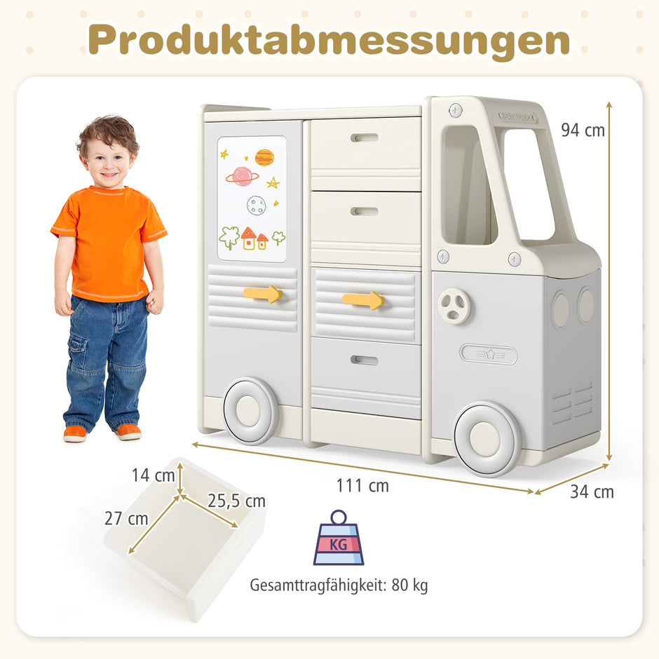 Leksakshylla – Bil Barnhylla i Bussform med Whiteboard Lådor och Skåp – 4 111 x 34 x 94 cm – Grå