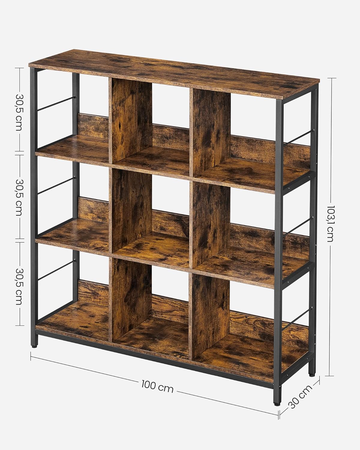 Lagerschrank - Bücherregal - mit 9 Fächern - aus Holz und Metallrahmen - braun