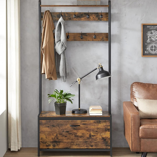 Kleiderregal - Garderobe mit Schuhschrank und Bank - Kleidung Rack - Schuhspeicher - Vintage Brown