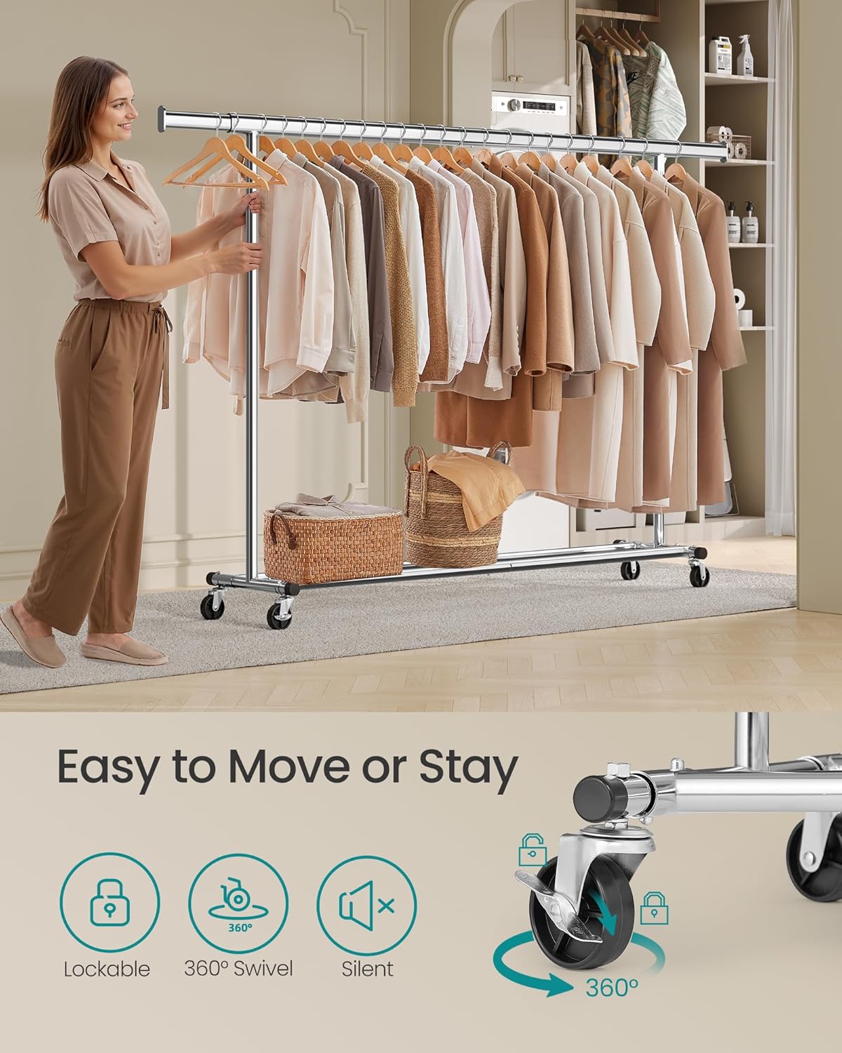 Kleidungsständer auf Rädern mit ausziehbarer Kleidungsstange, Silber