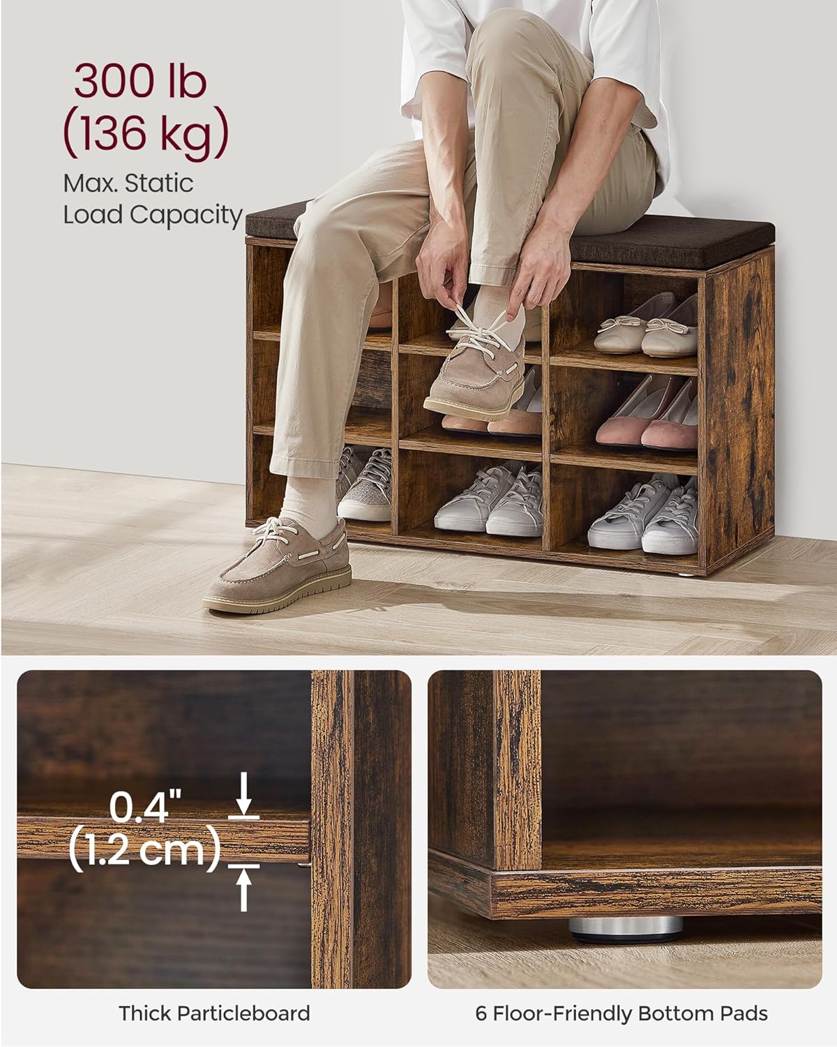 Schuhschrank - Schuhbank - 9 Fächer - mit Sitz - aus Holz - braun