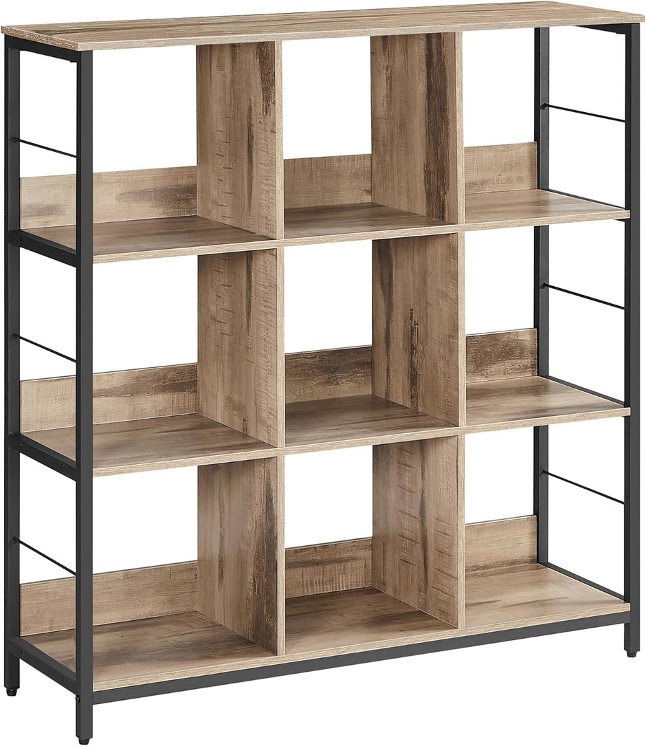 Lagerschrank - Bücherregal - mit 9 Fächern - aus Holz und Metallrahmen - braun