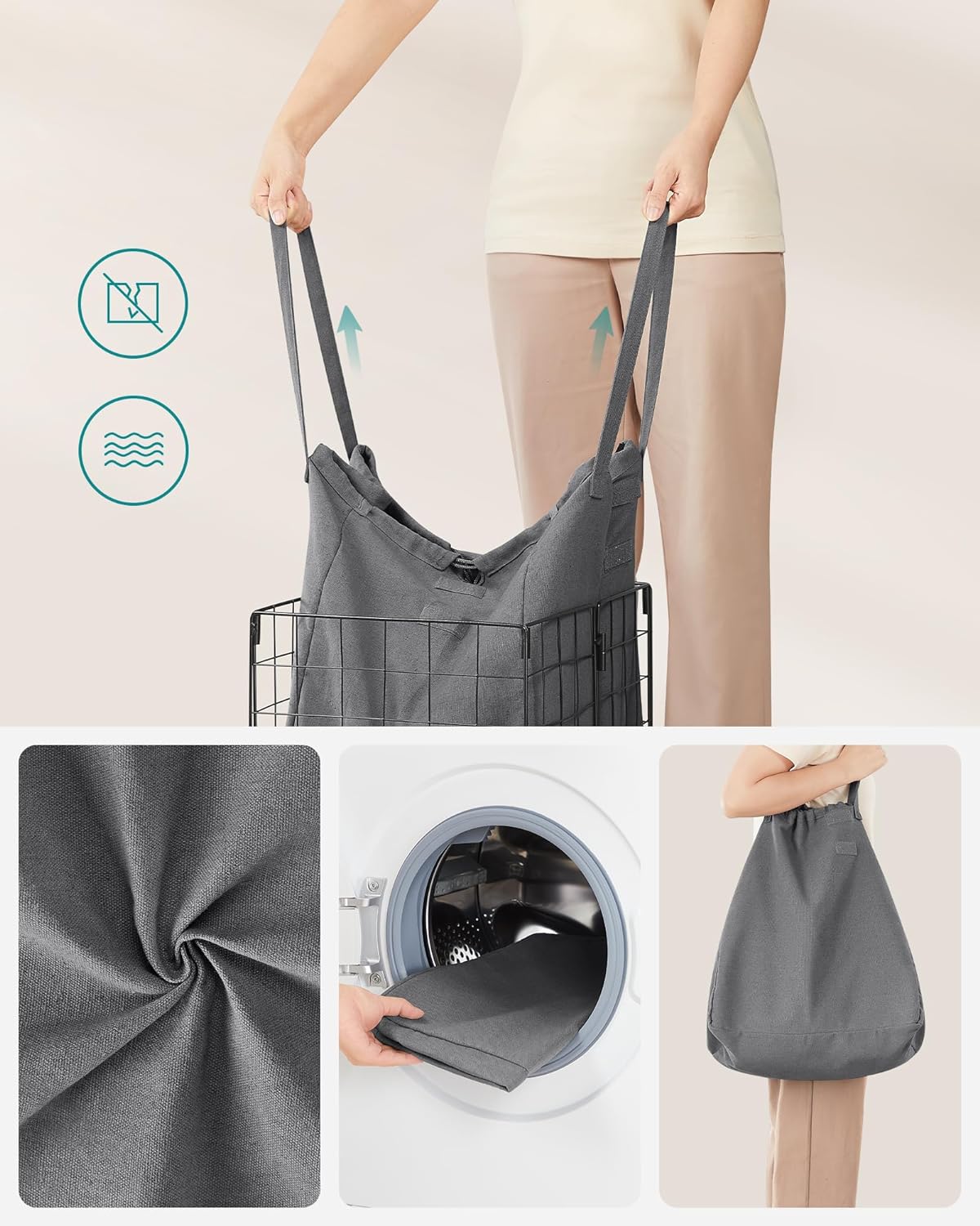 Wäschereikorb - mit abnehmbarem Wäscheltasche - Metallrahmen - grau