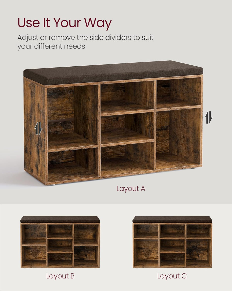 Schuhschrank - Schuhbank - 9 Fächer - mit Sitz - aus Holz - braun