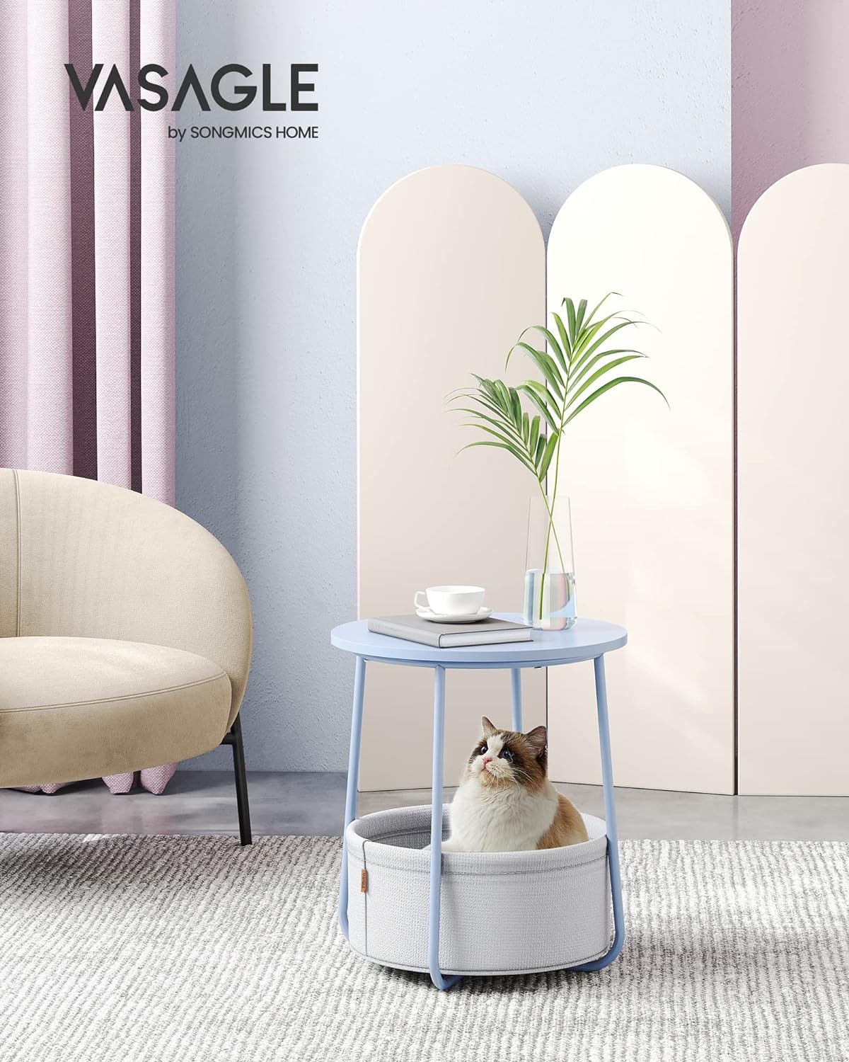 Runder Beistelltisch - mit Stoffkorb - Metallrahmen - Blau