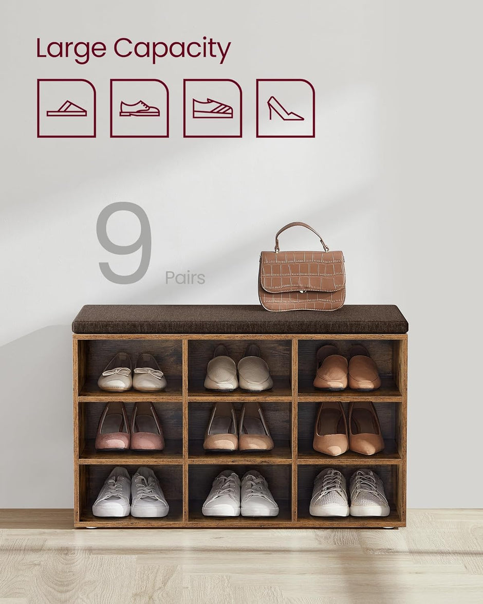 Schuhschrank - Schuhbank - 9 Fächer - mit Sitz - aus Holz - braun