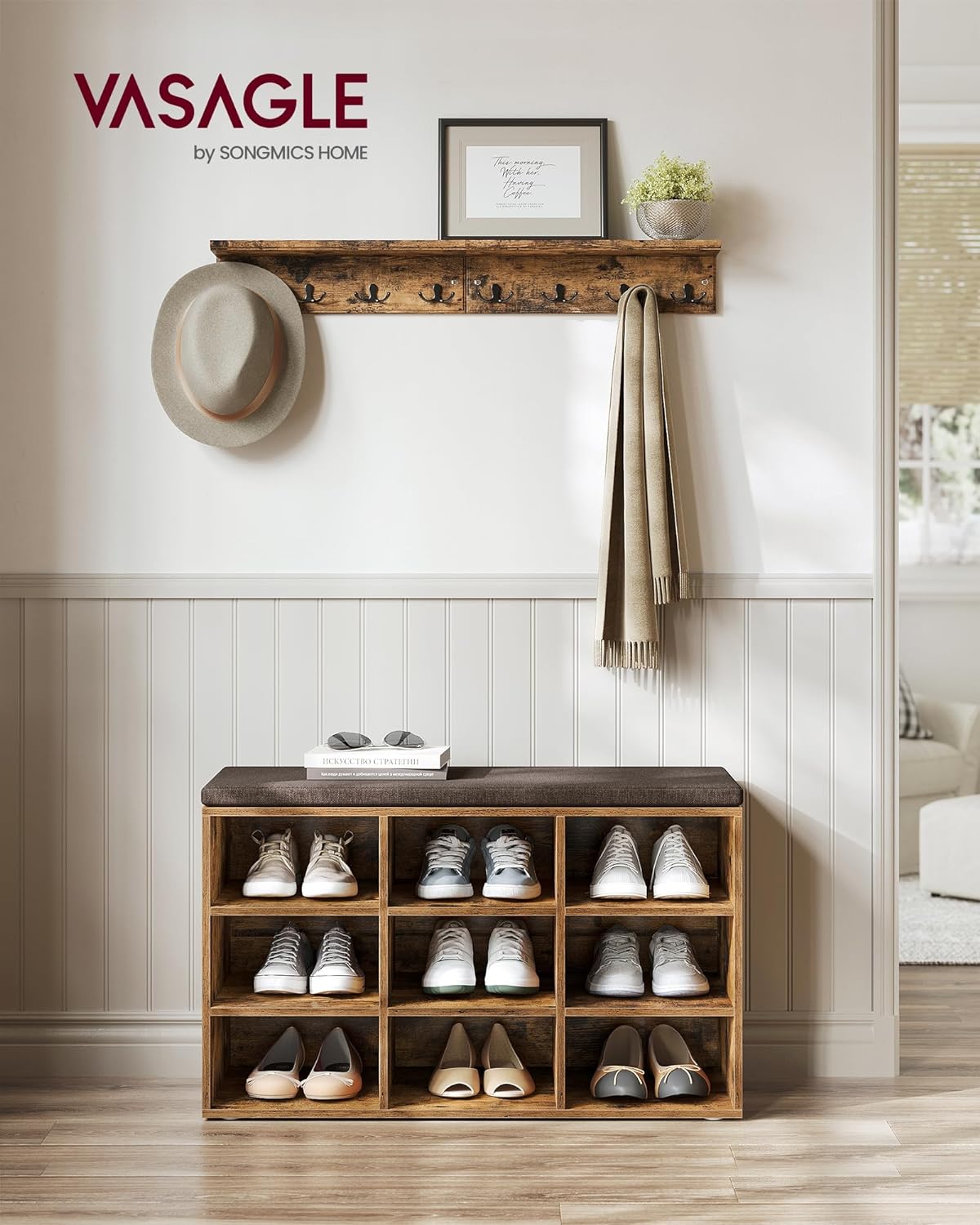 Schuhschrank - Schuhbank - 9 Fächer - mit Sitz - aus Holz - braun