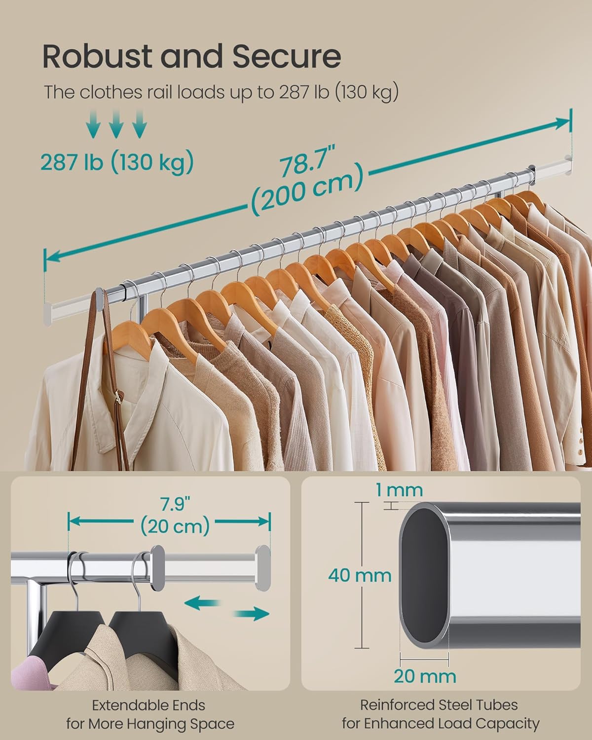 Kleidungsständer auf Rädern mit ausziehbarer Kleidungsstange, Silber