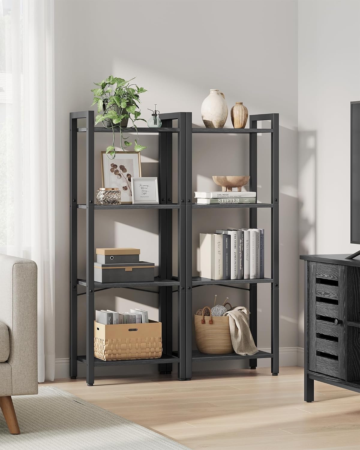 Bücherregal - Wohnzimmerschrank - mit 4 Levels - offene Regale - Schwarz