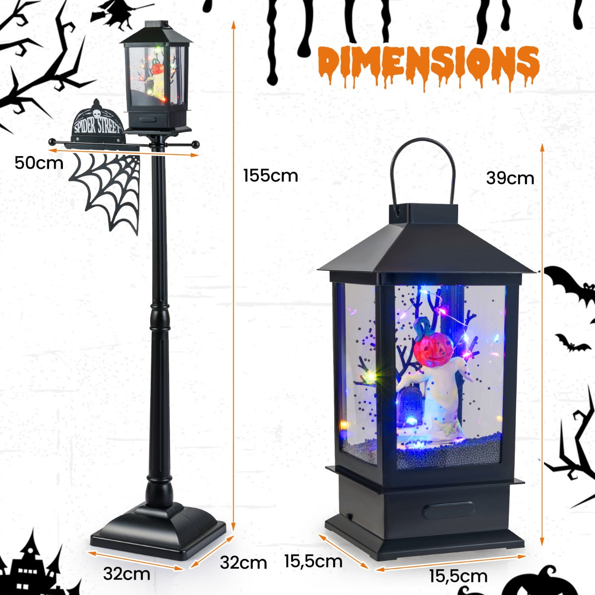 Halloween – dekoration gatlykta med färgade LED lampor, musik och snöeffekt – 6 155 cm – Svart