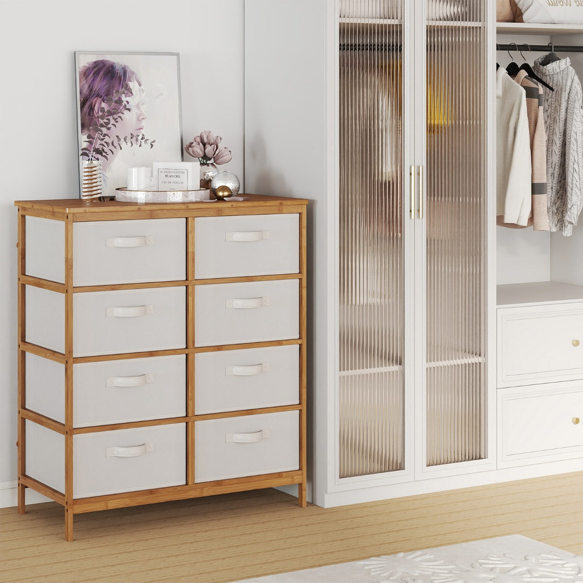 Byrå – med avtagbara tyglådor och bamburam Lådskåp – 8 – Beige