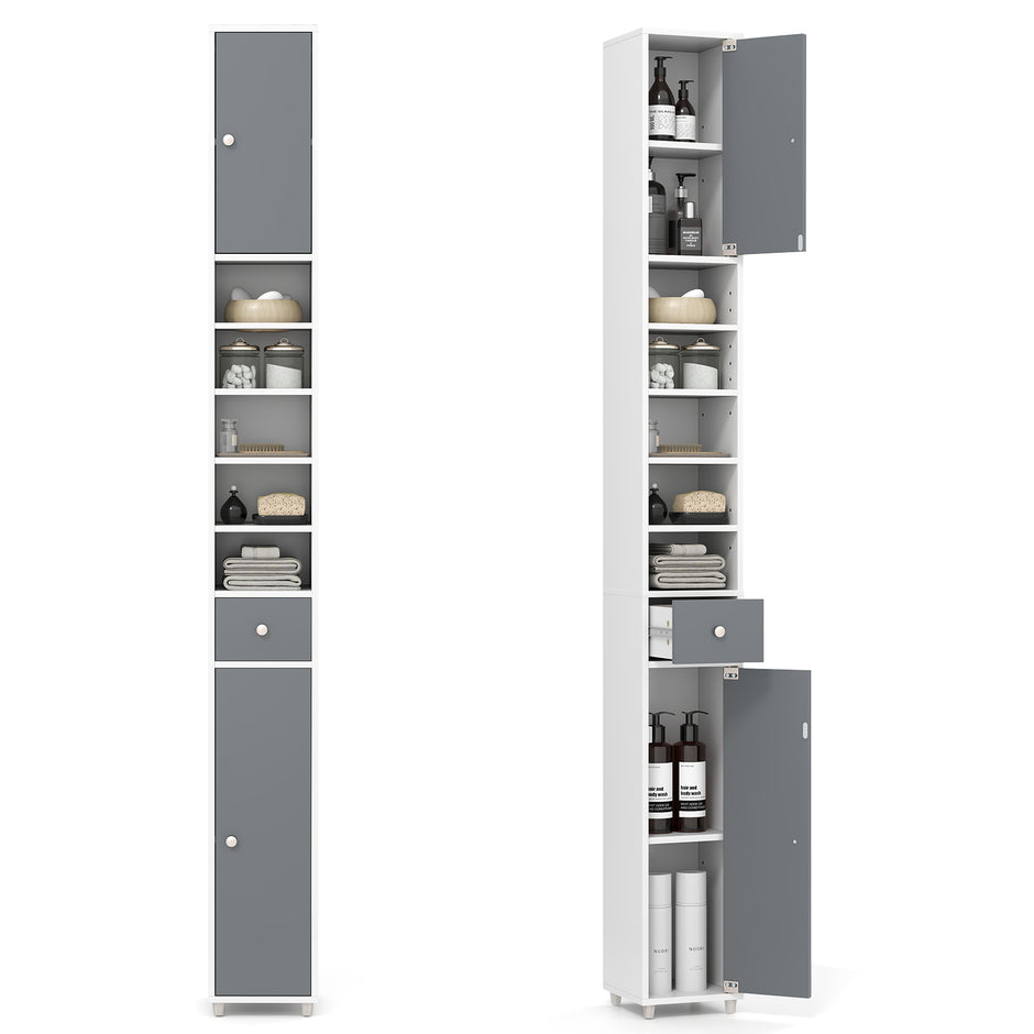Badskåp – högskåp smalt badrumsskåp med dörrar + – 2 20 x 20 x 180 cm – Grå och vit