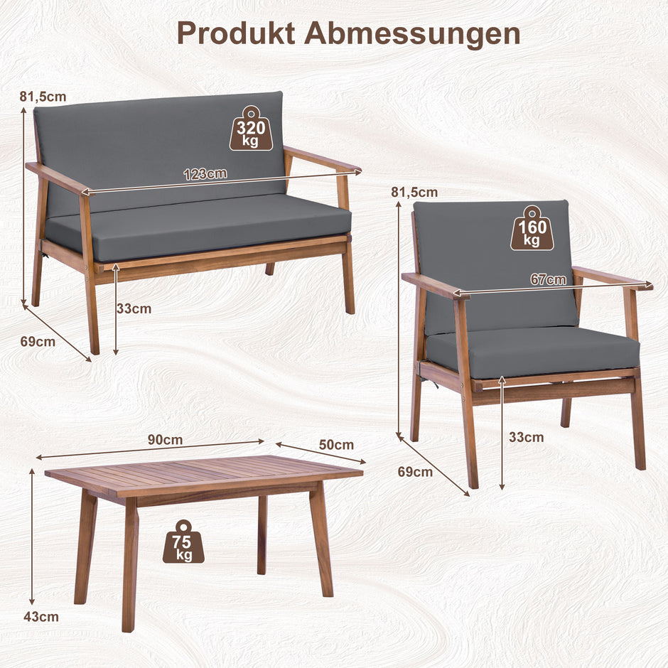 delat – trädgårdsmöbelset balkongmöbler i akaciaträ terrassmöbler med sitt och ryggkuddar – 4 – Grå