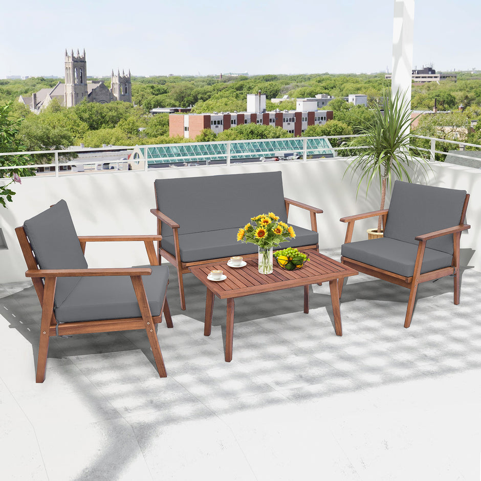 delat – trädgårdsmöbelset balkongmöbler i akaciaträ terrassmöbler med sitt och ryggkuddar – 4 – Grå