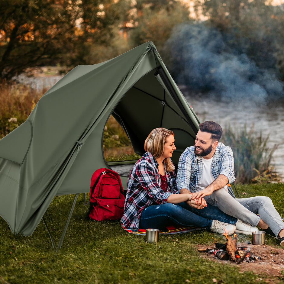 Fältbädd – med tält för personer campingbädd regnskydd och nät dörrar fönster rullväska – 2 2 – Grön