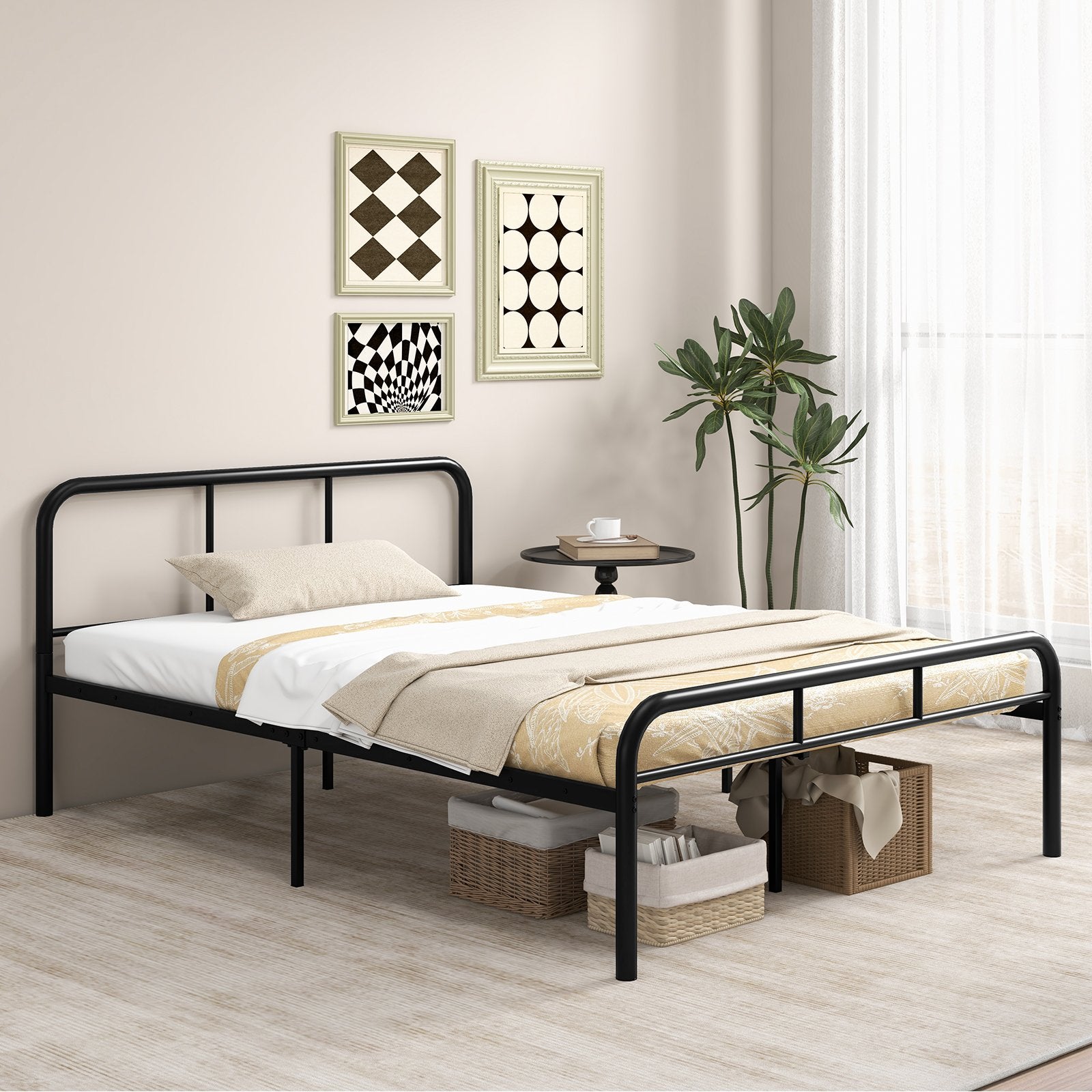 Dubbelsäng – med huvud och fotdel metallsäng sängram metallplattformssäng för madrass – 140 x 190 cm – Svart