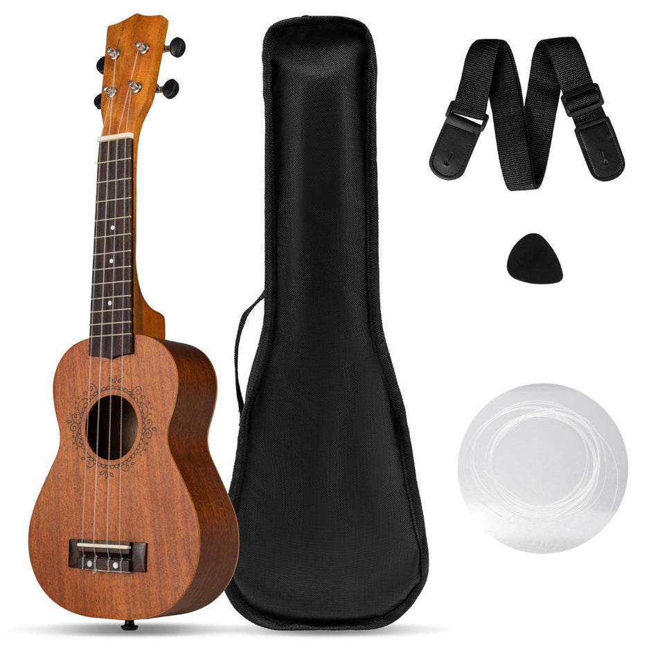 Tum – Ukulele Mahogny Trä Set med Bärväska Plektrum justerbar Rem – 21 – Natur