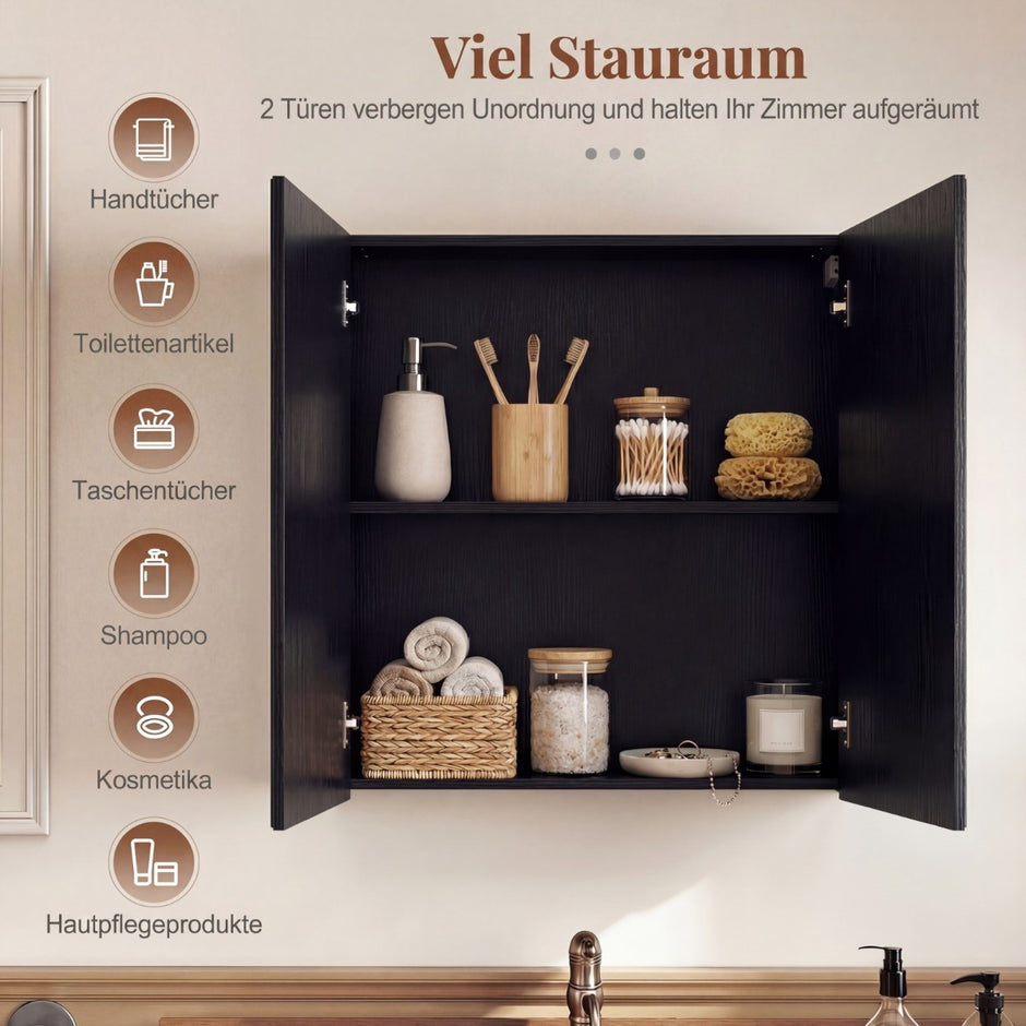 Hängande – badrumsskåp med spegeldörrar och hyllor i trä för entré – 62 x 11 x 65 cm – Svart