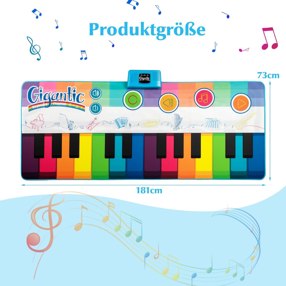 Musikmatta – för barn, pianomatta med musikinstrument, tangmatta inspelnings och uppspelningsfunktion, – 8 181 x 73 cm – Färgglad