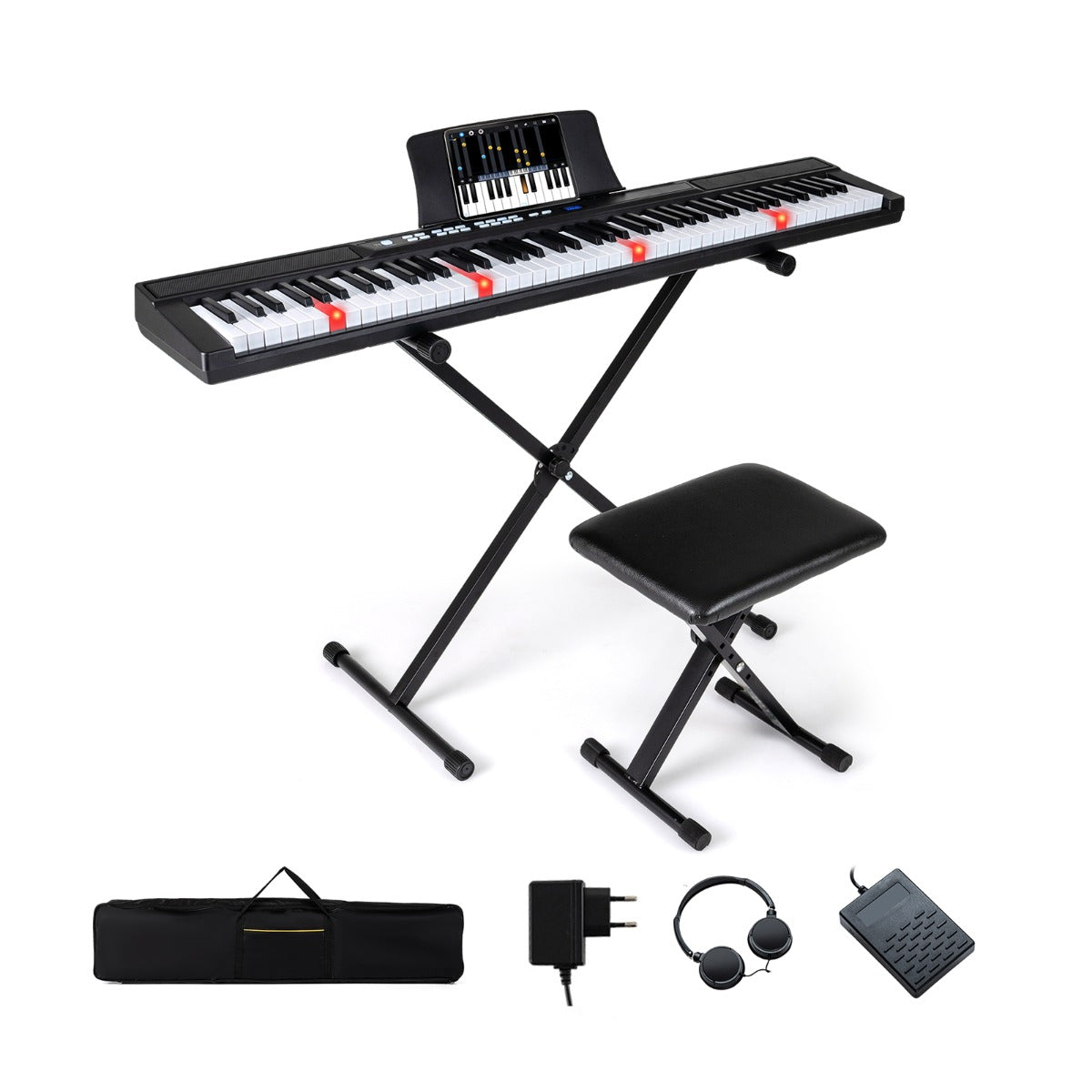 tangenter – E piano med justerbart ställ och pall sustainpedal Keyboard – 88 – Svart