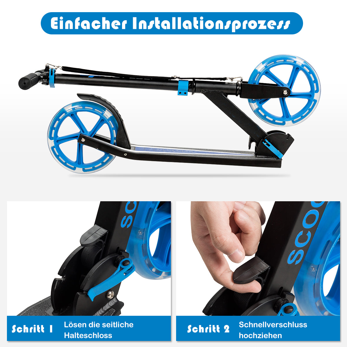 Scooter – Roller hopfällbar höjdjusterbar lastkapacitet med LED hjul – 100 kg 2 – Blå