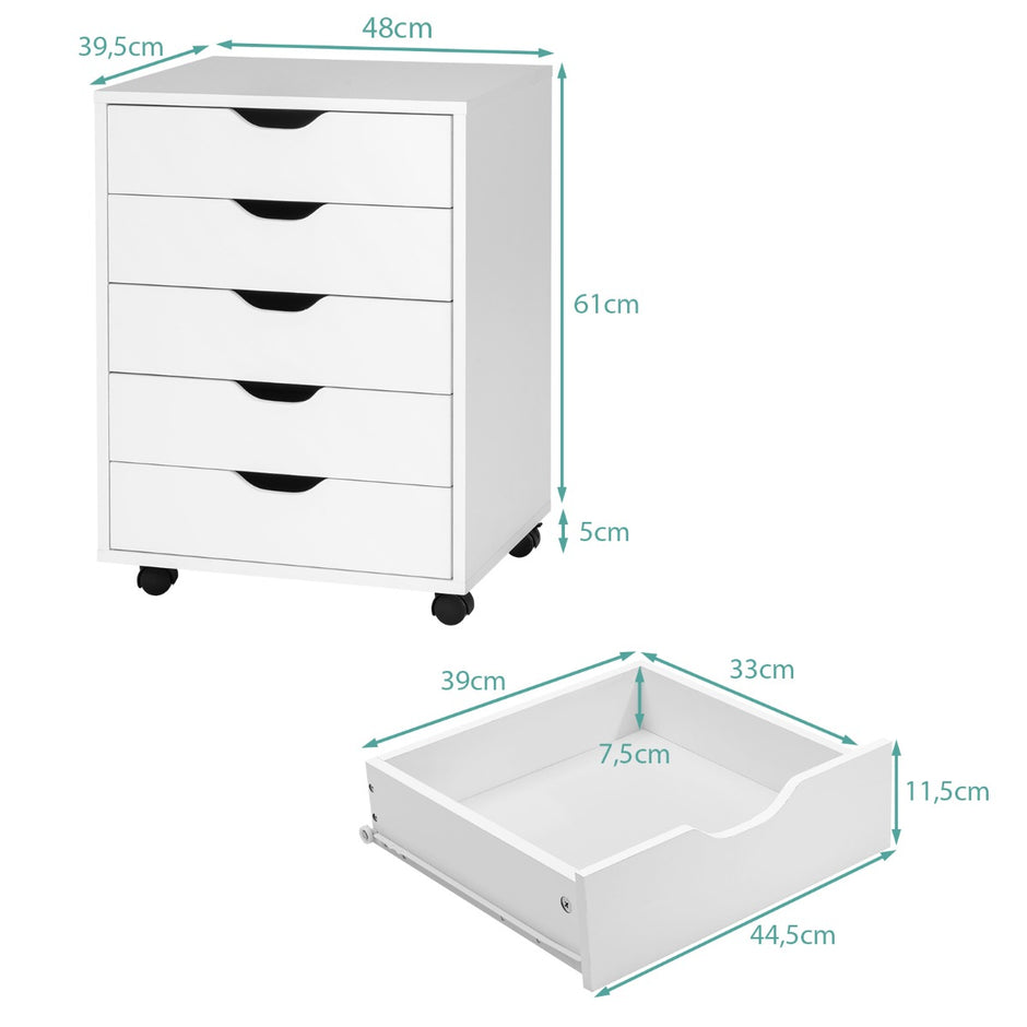 Rullbehållare – med lådor Mobilt arkivskåp hjul – 5 48 x 39,5 x 65,5 cm – Vit