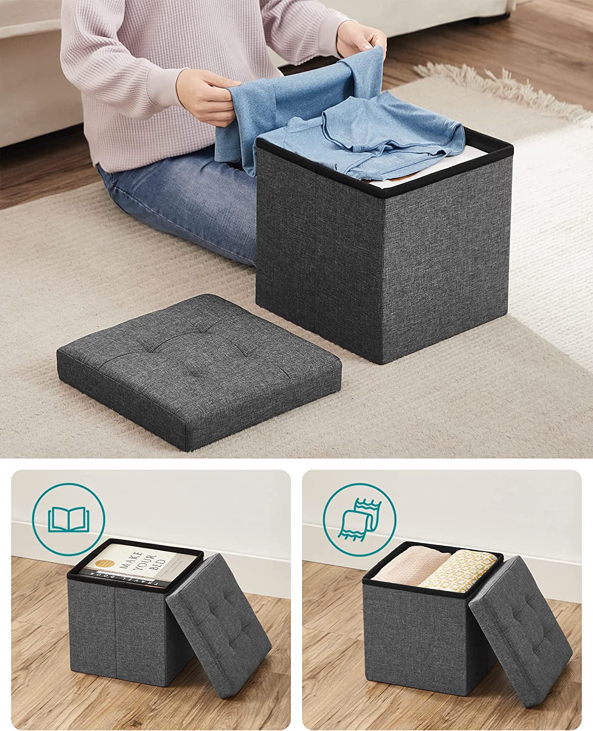 Sitzhocker - mit Stauraum - klappbarer Hocker - Footstool - Dunkelgrau