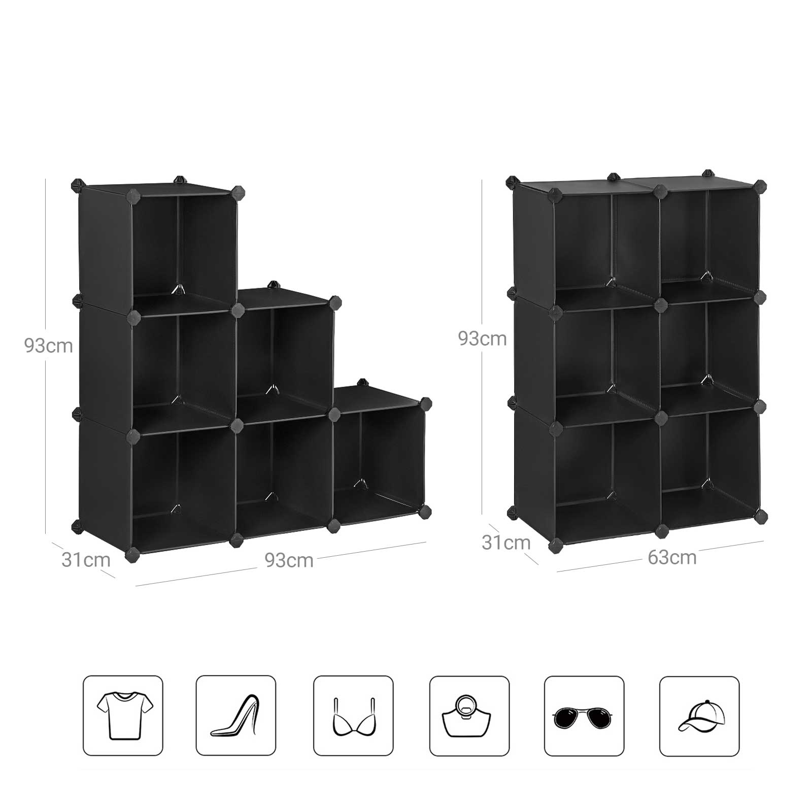 Aufbewahrungsgreifer - Würfelschrank - Kunststoff - 6 Fächer - Schwarz