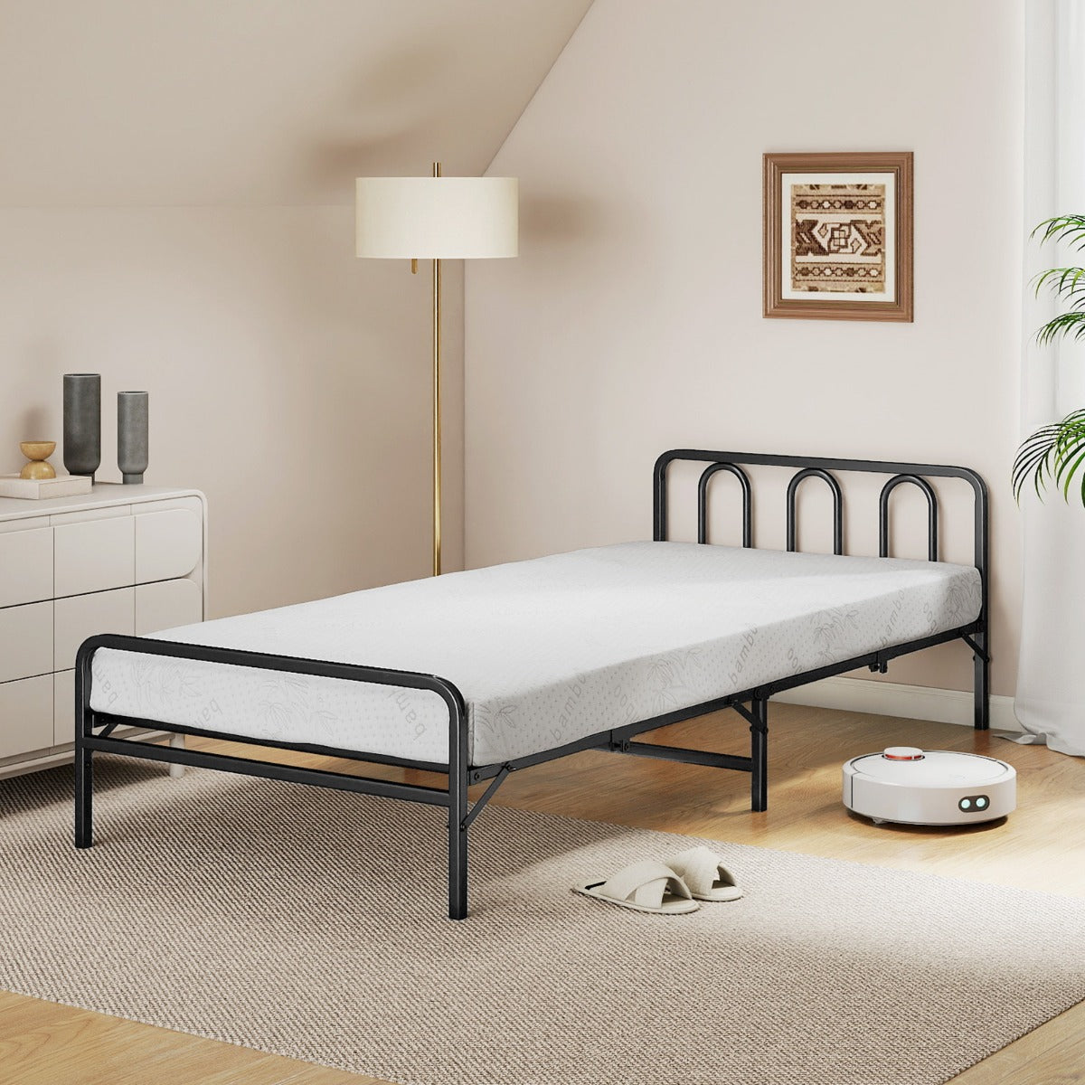 Fällbar – sängram med madrass Bärbar huvud och fotgavel Plattformssäng – 200 x 90 cm – Svart